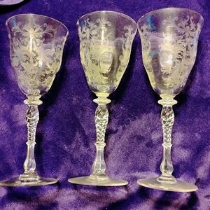 3 Vintage Tiffin Glass Etched  Byzantine Crystal Water Goblets